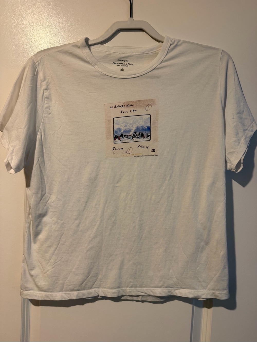 Abercrombie & Fitch White Graphic Tee with Small Scenic Print